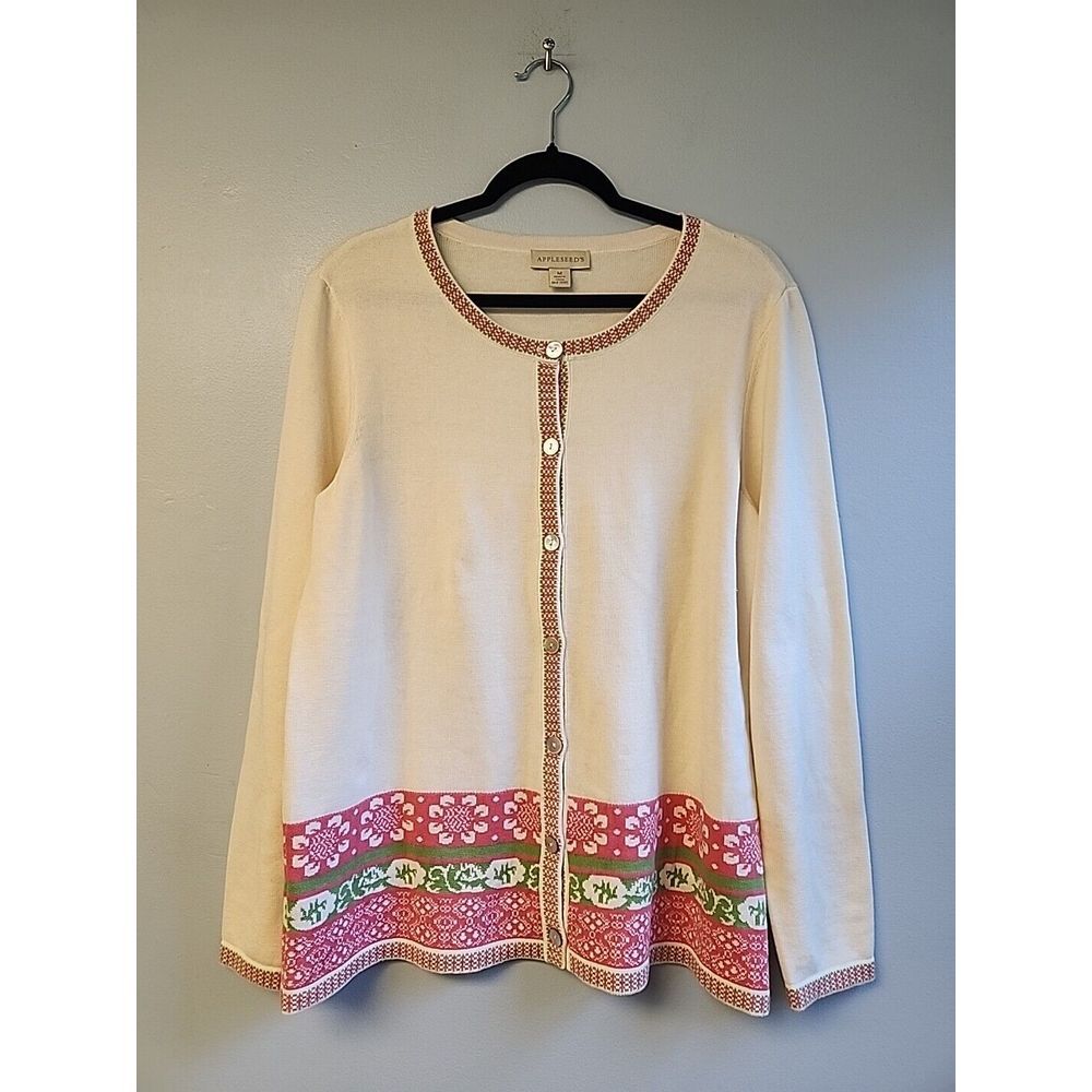 Appleseeds Womens M Ivory Floral Button Up Cardigan Sweater 100%‎ Cotton